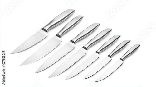 Stainless steel knife set, perfectly arranged with sharp, polished blades, isolated on white, showcasing minimalist kitchen elegance