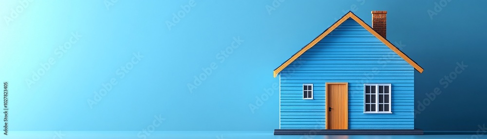 Charming Blue Wooden House Against a Vibrant Blue Background with a Chimney and Windows Charming Blue Wooden House Against a Vibrant Blue Background with a Chimney and Windows