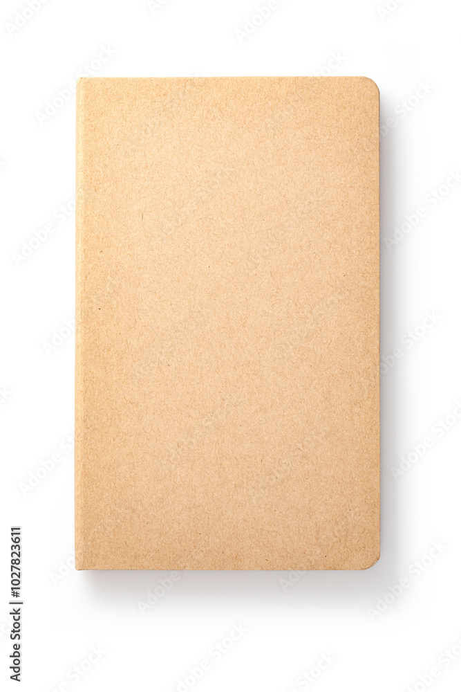 A blank kraft notebook lying flat on a white surface ready for creative writing and ideas to be captured. A blank kraft notebook lying flat on a white surface ready for creative writing and ideas to be captured.