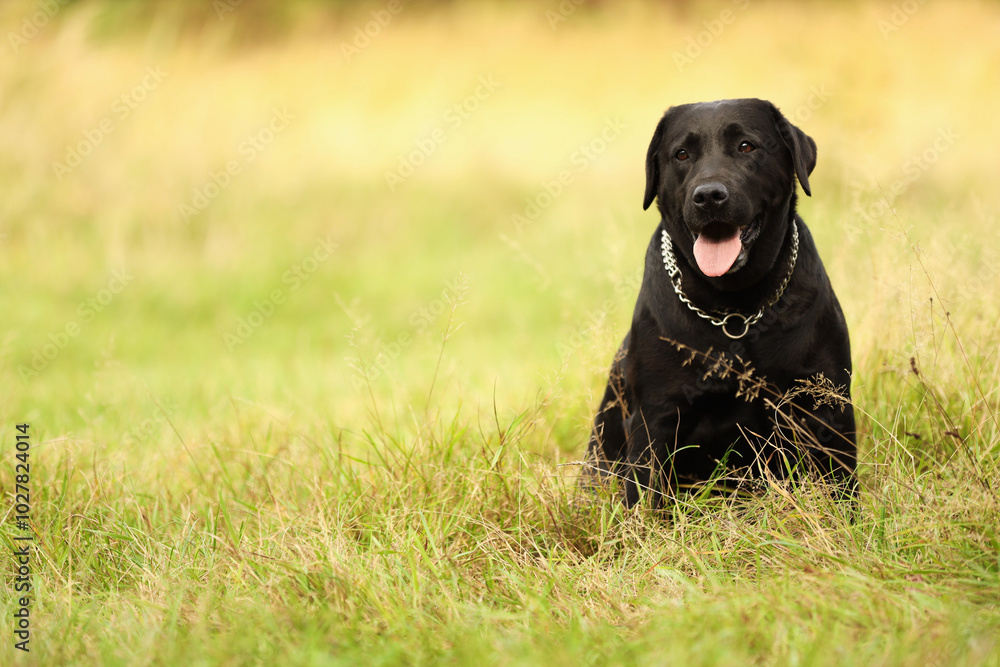 Adorable Labrador Retriever dog sitting on green grass. Space for text Adorable Labrador Retriever dog sitting on green grass. Space for text