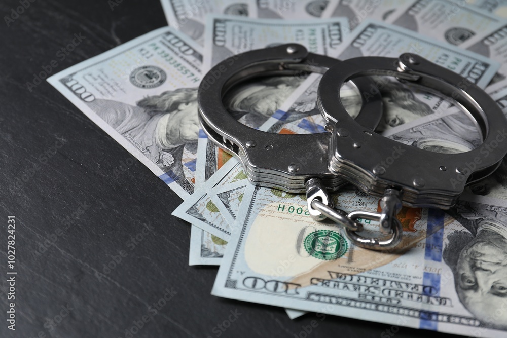 Corruption. Handcuffs and dollar banknotes on black table, closeup Corruption. Handcuffs and dollar banknotes on black table, closeup