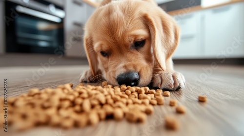 A curious Beagle puppy looks intensely at spilled dog food on a wooden kitchen floor, capturing the essence of exploration and the typical mess of puppy adventures. photo