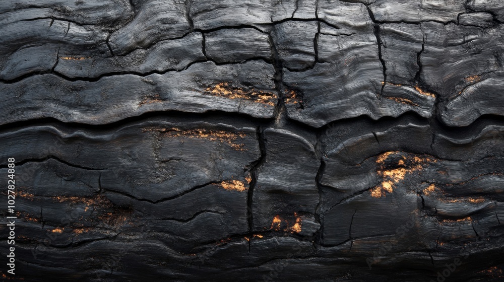 Close-up of Charred Wood with Golden Veins Close-up of Charred Wood with Golden Veins