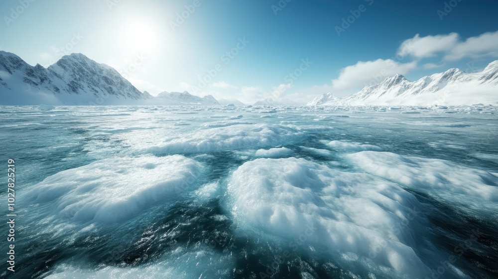 An expansive icy landscape with shimmering frozen water and majestic snowy peaks under a clear sky, embodying the awe-inspiring beauty of remote wilderness. An expansive icy landscape with shimmering frozen water and majestic snowy peaks under a clear sky, embodying the awe-inspiring beauty of remote wilderness.