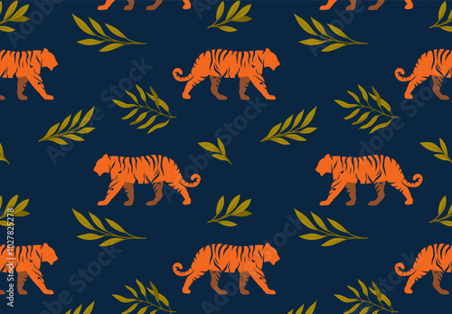 Seamless pattern with tigers. Repeating design element for printing on fabric. Tropical and exotic animals. African Savannah and fauna. Wallpaper and texture. Flat vector illustration