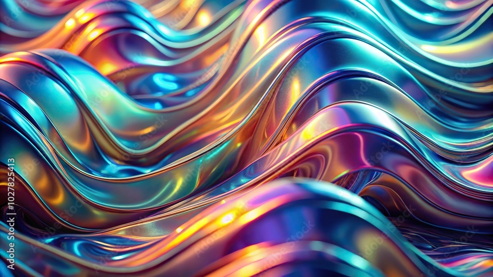 Extreme close-up abstract metallic iridescent holographic background with waves Extreme close-up abstract metallic iridescent holographic background with waves