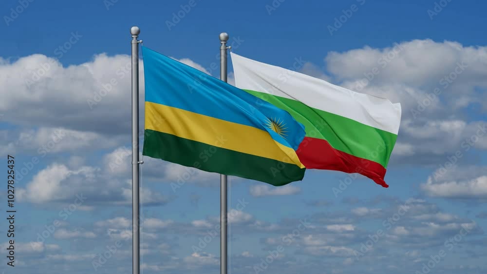 Bulgaria and Rwanda flags flying together, video concept of the relationship, two country relations concept Bulgaria and Rwanda flags flying together, video concept of the relationship, two country relations concept