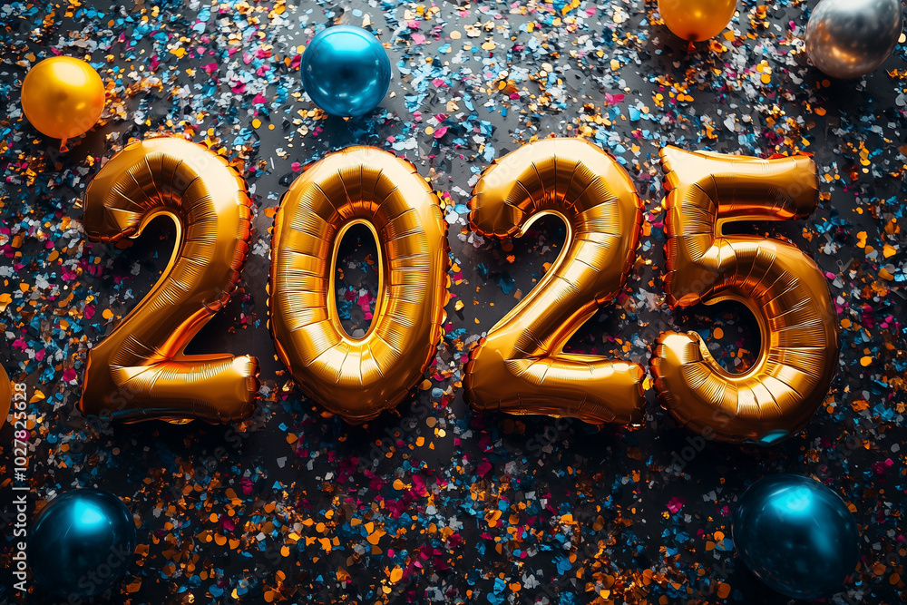 A gold balloon with the happy new year 2025 it is surrounded by confetti. A gold balloon with the happy new year 2025 it is surrounded by confetti.