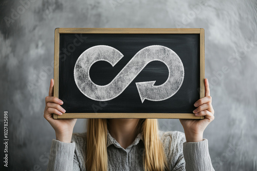 A woman is holding a chalkboard with a symbol of a circle and an arrow. The symbol represents the concept of a continuous cycle or process 