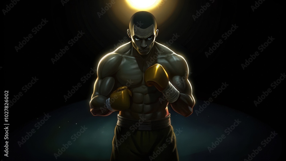 A muscular boxer in a fighting stance with gold gloves A muscular boxer in a fighting stance with gold gloves