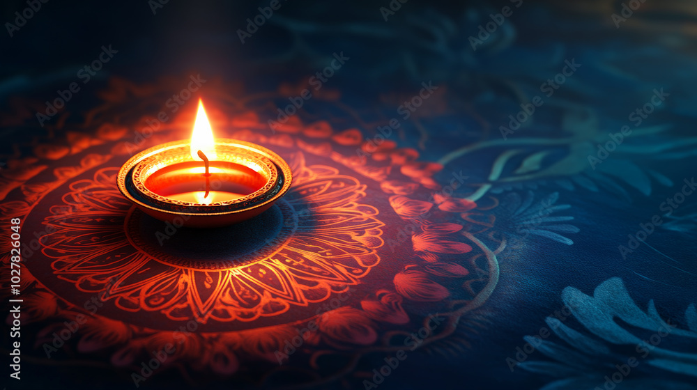 Diwali Festive Season Celebration with Illuminated Diya Lamp on Rangoli Design Background for Spiritual and Cultural Concept Diwali Festive Season Celebration with Illuminated Diya Lamp on Rangoli Design Background for Spiritual and Cultural Concept