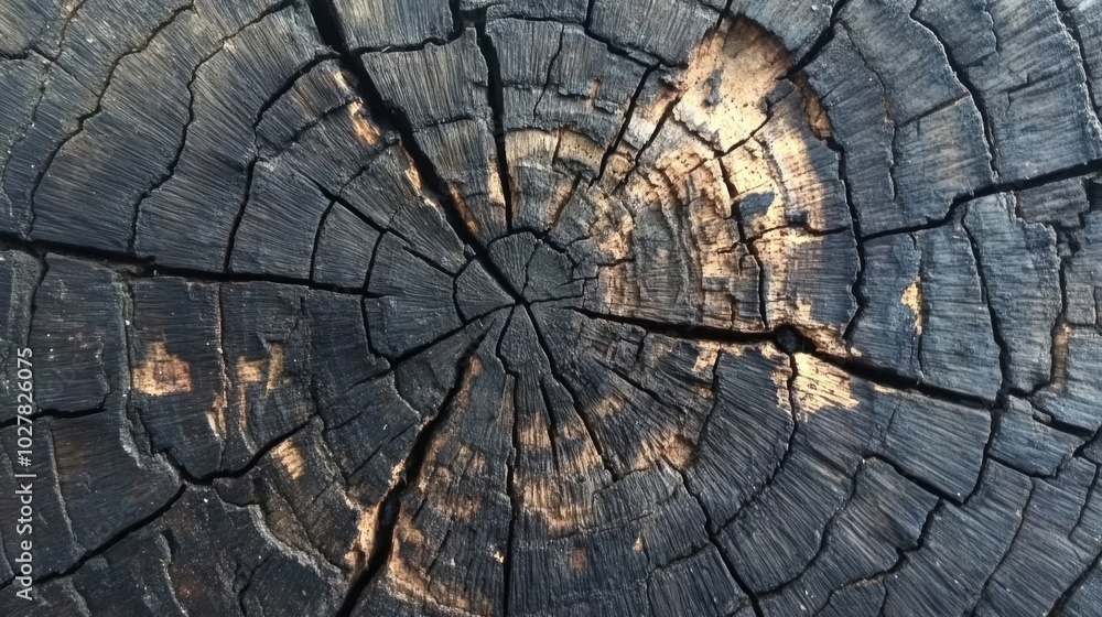 Fototapeta premium Close-up of a charred tree trunk with visible growth rings and cracks