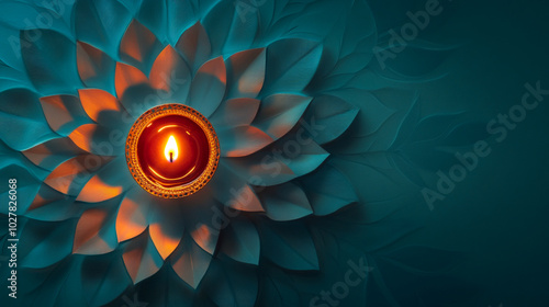 DiwaliDecoration TealBackground PaperFlowers LitDiya FestiveGreeting Prosperity HinduFestival IndianTradition WarmGlow SymbolicImage CelebrationOfLights CopySpace SpiritualAmbiance DiyaDecoration photo