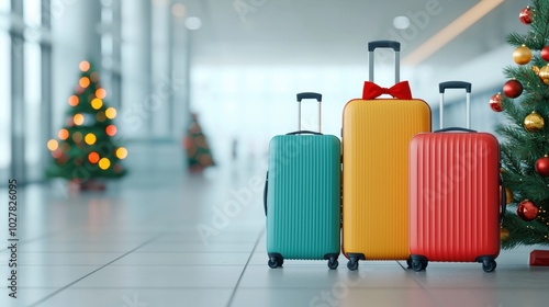 Colorful luggage in a festive airport setting with Christmas tree photo