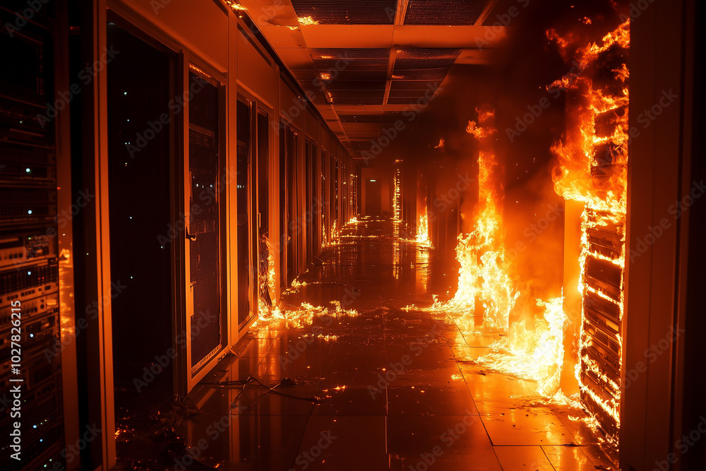 A fire is burning in a server room computer main frame with a lot of smoke. T