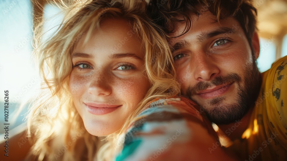 Joyous couple smiling brightly, embracing each other affectionately, showcasing their happiness and mutual bond in a sunlit outdoor environment. Joyous couple smiling brightly, embracing each other affectionately, showcasing their happiness and mutual bond in a sunlit outdoor environment.