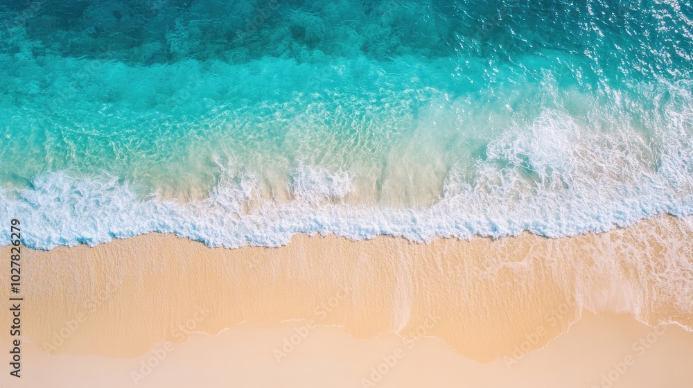 Sunny aerial view of crystal-clear sea with gentle waves and a stretch of bright, sandy beach visible from above Sunny aerial view of crystal-clear sea with gentle waves and a stretch of bright, sandy beach visible from above