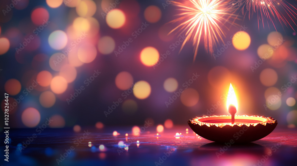 Diwali festive season background with illuminated oil lamp diya and bokeh lights celebration traditional india hindu religion faith worship prosperity spirituality greeting card banner copy space Diwali festive season background with illuminated oil lamp diya and bokeh lights celebration traditional india hindu religion faith worship prosperity spirituality greeting card banner copy space