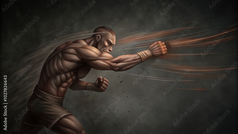 Muscular Man Throwing a Punch with Energy Trail Behind Him Muscular Man Throwing a Punch with Energy Trail Behind Him