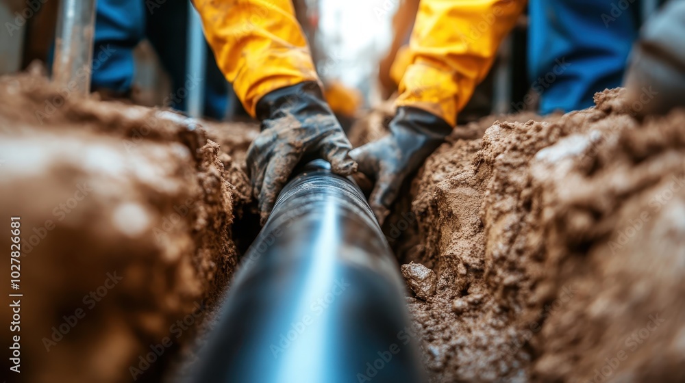 A worker wearing protective gloves installs a large black pipe in a trench, surrounded by brown soil, highlighting infrastructure and teamwork in construction. A worker wearing protective gloves installs a large black pipe in a trench, surrounded by brown soil, highlighting infrastructure and teamwork in construction.