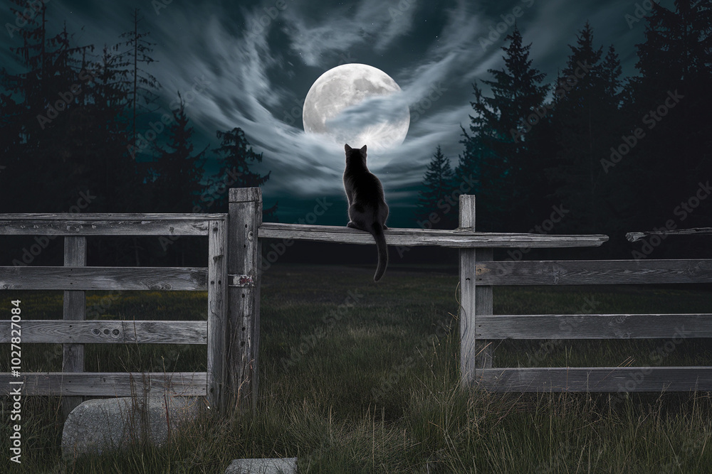 Black cat sitting on an old wooden fence, gazing at a full moon in a ...