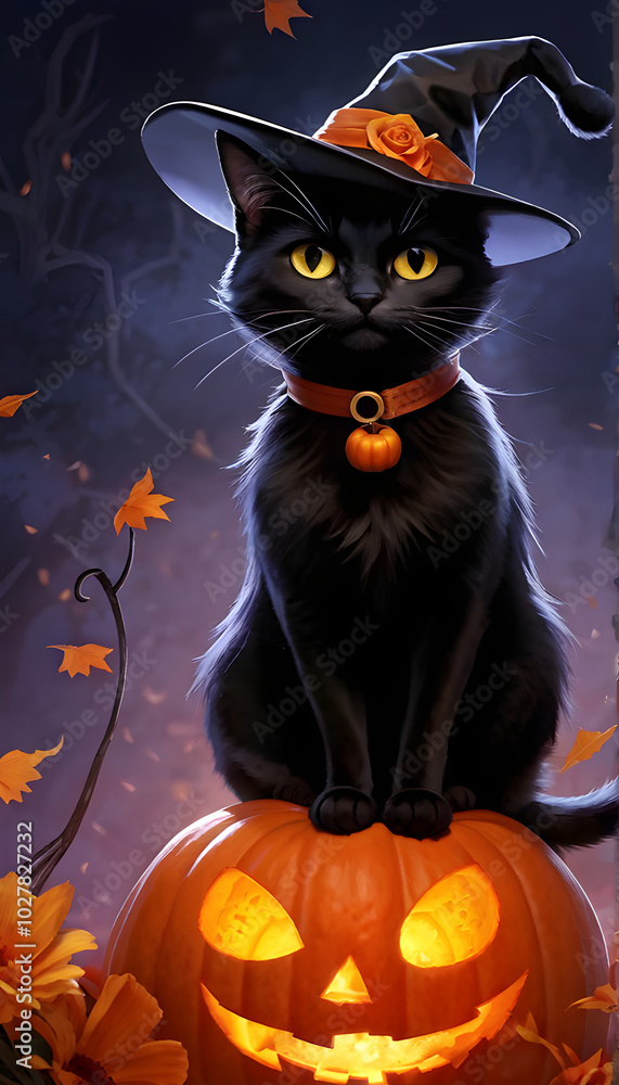 Cute Cat with Witch Hat on Jack O Lantern Pumpkin Halloween Horror Pet Animal Cosplay Magical Spooky Autumn Seasonal Holiday illustration Cute Cat with Witch Hat on Jack O Lantern Pumpkin Halloween Horror Pet Animal Cosplay Magical Spooky Autumn Seasonal Holiday illustration
