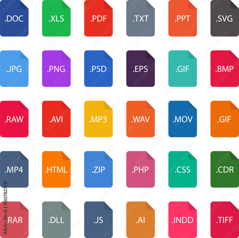 List of Document File Types and Extensions. Set of pdf, doc, jpg, xls ...