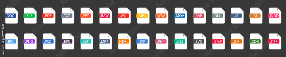Vetor de List of Document File Types and Extensions. Set of pdf, doc ...