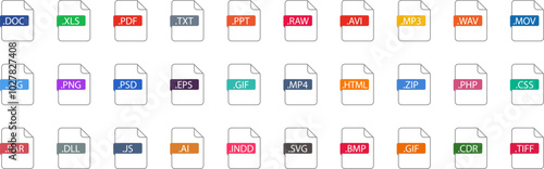 List of Document File Types and Extensions. Set of pdf, doc, jpg, xls, zip. Graphic templates for ui. Common Types of File Formats. Web file labels icon set. Vector illustration.