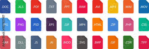 List of Document File Types and Extensions. Set of pdf, doc, jpg, xls, zip. Graphic templates for ui. Common Types of File Formats. Web file labels icon set. Vector illustration.
