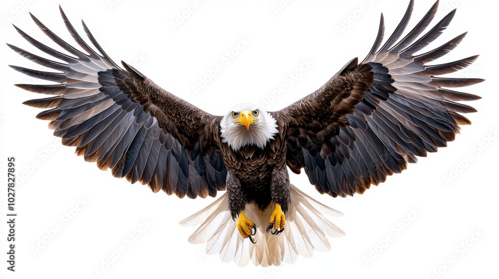 Fototapeta premium Bald eagle in flight, showcasing its majestic wingspan against a white background.