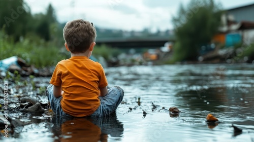 A boy wearing an orange shirt sits alone by a polluted riverbank, surrounded by trash and debris, reflecting on environmental neglect and sparking thought. photo