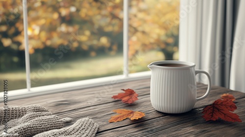 Cozy coffee cup on a wooden table with autumn leaves and a window view. photo