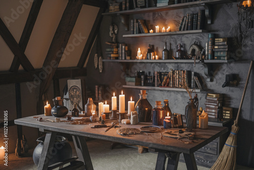 Witch's table with potion bottles, spell books, and candles in a mystical room. Perfect for Halloween, magical, or witchcraft-themed content photo