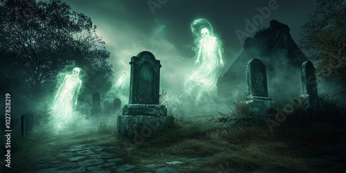 Haunted cemetery with glowing green ghosts rising from tombstones in a foggy, eerie night scene. Ideal for Halloween, spooky content, and supernatural or paranormal themes photo