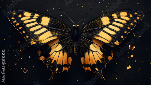 A Stunning Butterfly with Intricate Silver and Gold Wings, Captured in Detailed Digital Art, Showcasing Its Elegant Patterns and Shimmering Colors Against a Soft Background, Perfect for Nature Lovers 