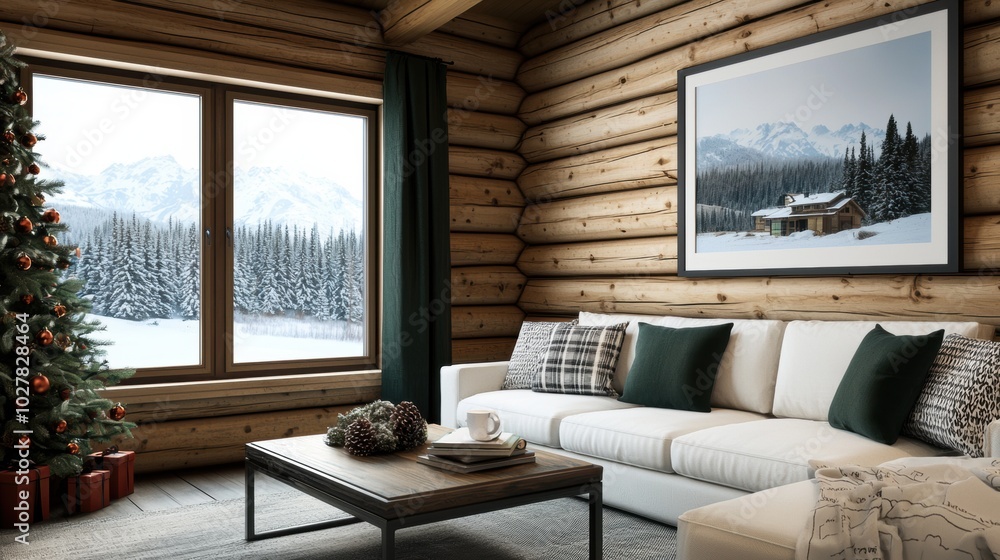 Cozy interior of a log cabin with a Christmas tree and scenic mountain view. Cozy interior of a log cabin with a Christmas tree and scenic mountain view.