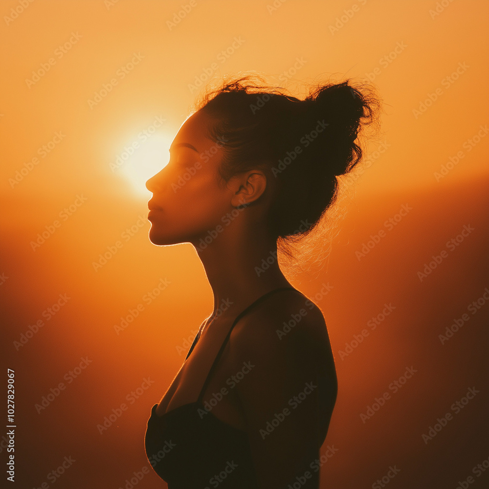 Silhouette of a woman outlined by the warm orange glow of a setting sun. Dramatic backlighting highlights the edges of her face and body, creating a mysterious and captivating scene with subtle skin Silhouette of a woman outlined by the warm orange glow of a setting sun. Dramatic backlighting highlights the edges of her face and body, creating a mysterious and captivating scene with subtle skin