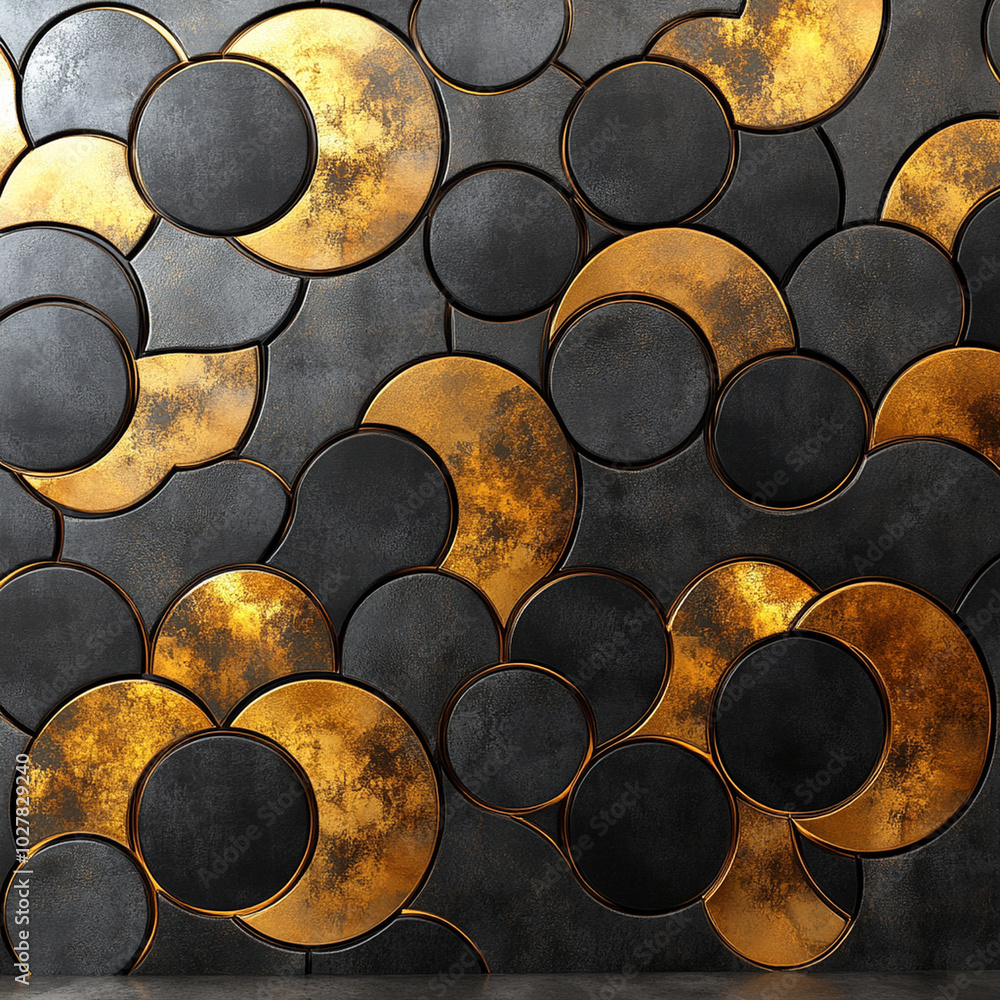 Geometric shapes with metallic finishes create stunning wall design, showcasing blend of gold and black tones that evoke sense of modern elegance and sophistication