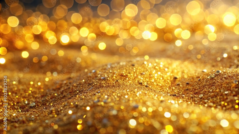 Extreme close-up of golden glitter on blurry sand background Extreme close-up of golden glitter on blurry sand background