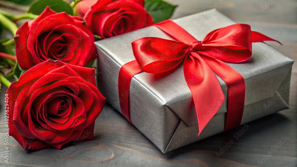 Extreme close-up of grey present with red roses and ribbon Extreme close-up of grey present with red roses and ribbon