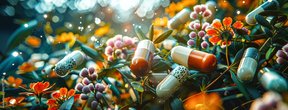 Fototapeta premium Bunch of pills are scattered throughout a field of flowers. The pills are of various colors and sizes, and they are surrounded by the vibrant colors of the flowers