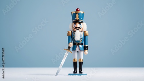 Elegant blue nutcracker soldier figure with silver sword posed majestically against minimalist background