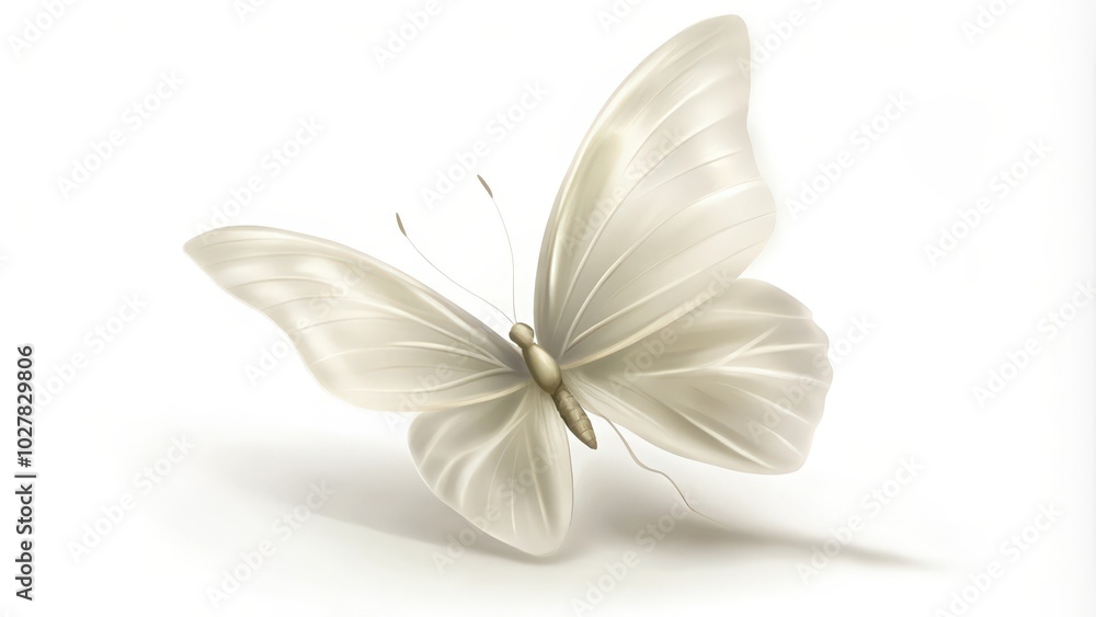 A Single White Butterfly in Flight Against a White Background A Single White Butterfly in Flight Against a White Background