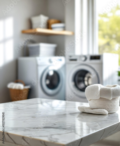 White marble tabletop with blurred background of a laundry room, backdrop for detergents products display