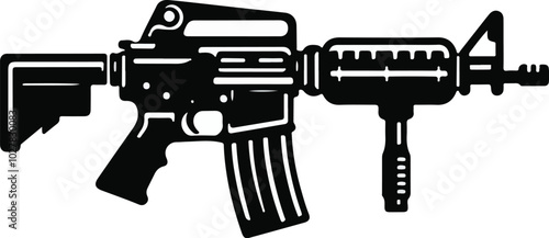 Graphic black detailed silhouette pistols, guns, rifles, submachines, revolvers and shotguns. Isolated on white background