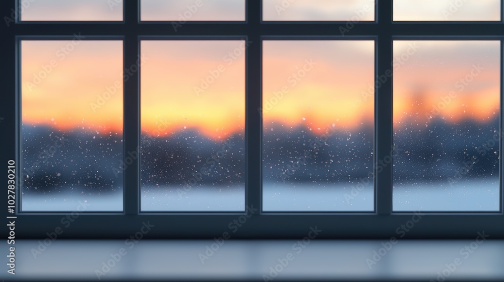 Fototapeta premium Cozy winter sunset view through a frosted window, serene and peaceful atmosphere.