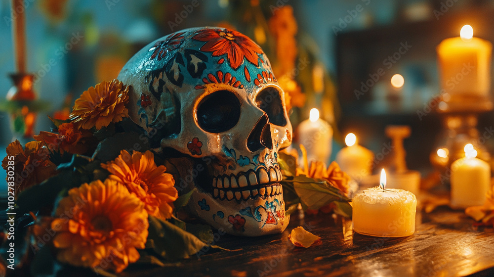 Day of the Dead celebration featuring a colorful sugar skull (calavera) surrounded by marigold flowers and candles. Perfect for Halloween or Día de los Muertos decorations Day of the Dead celebration featuring a colorful sugar skull (calavera) surrounded by marigold flowers and candles. Perfect for Halloween or Día de los Muertos decorations