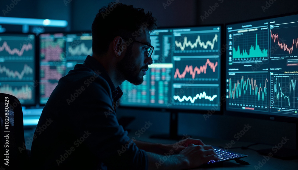 A middle-aged Caucasian man with short dark hair wearing glasses and a dark shirt, sitting in front of multiple computer screens displaying stock market charts and graphs A middle-aged Caucasian man with short dark hair wearing glasses and a dark shirt, sitting in front of multiple computer screens displaying stock market charts and graphs