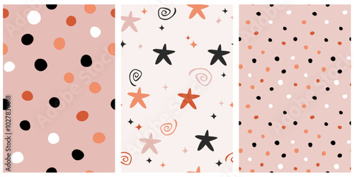 Backgrounds made from polka dots, stars and spirals. A set of three variants of a simple pattern.